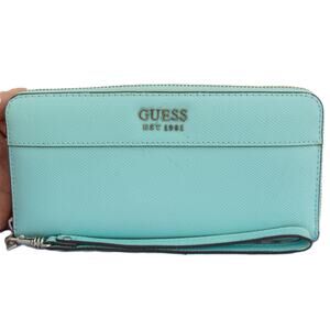 GUESS Katey Large Zip Around Wristlet Wallet Robin Egg Blue Faux Leather